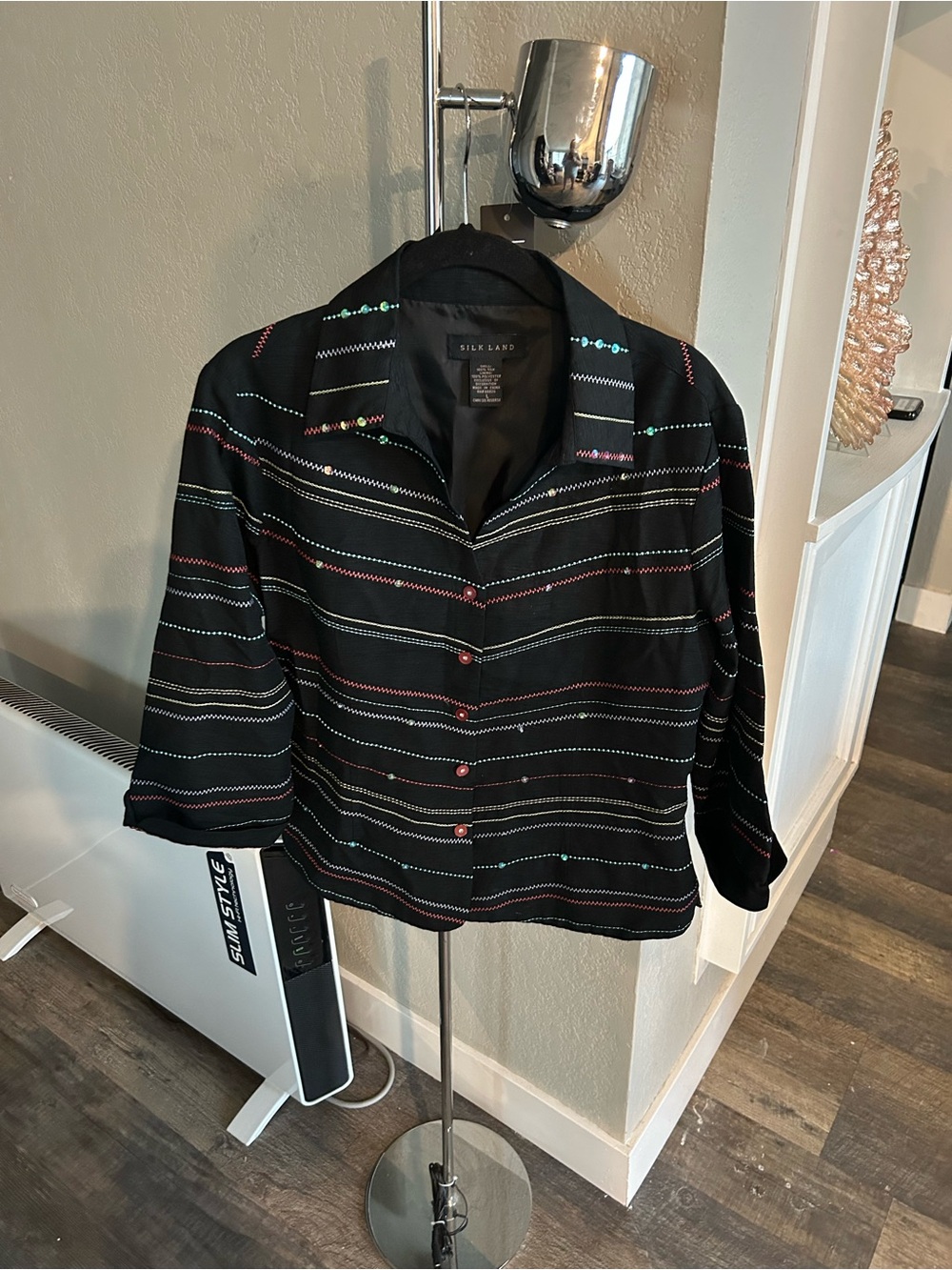 SilkLand Black Button-Front Jacket with Multicolor Stripe Accents
